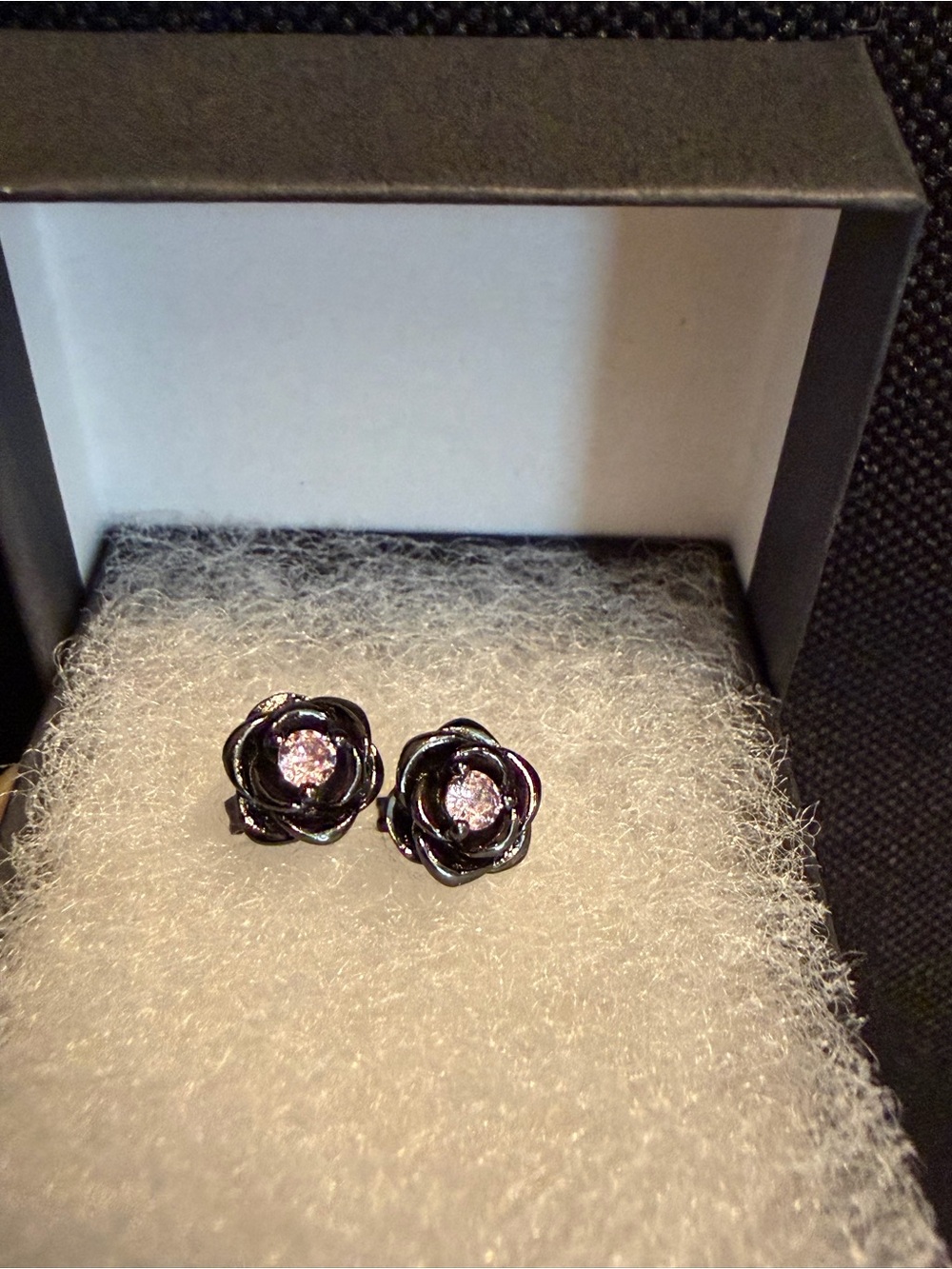 Black Rose Stud Earrings with Pink Crystal Center - Women Jewelry